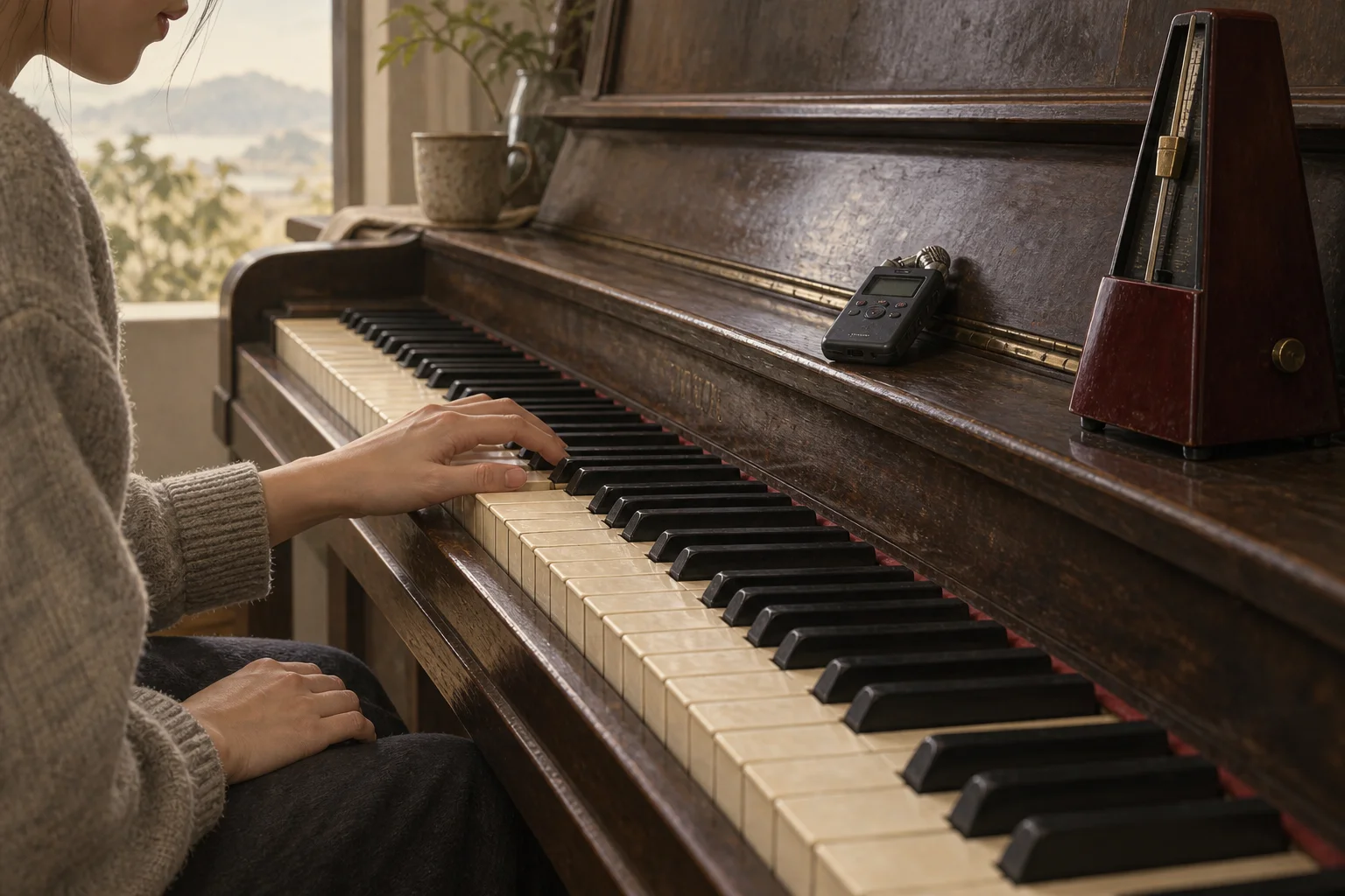 A piano learner holds one left-hand position while listening back to a short recorded passage beside a metronome.