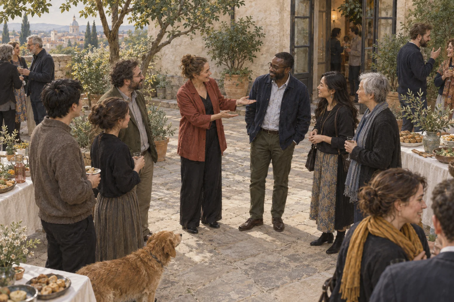 A host introduces people from two separate courtyard conversations as both groups turn and make room.