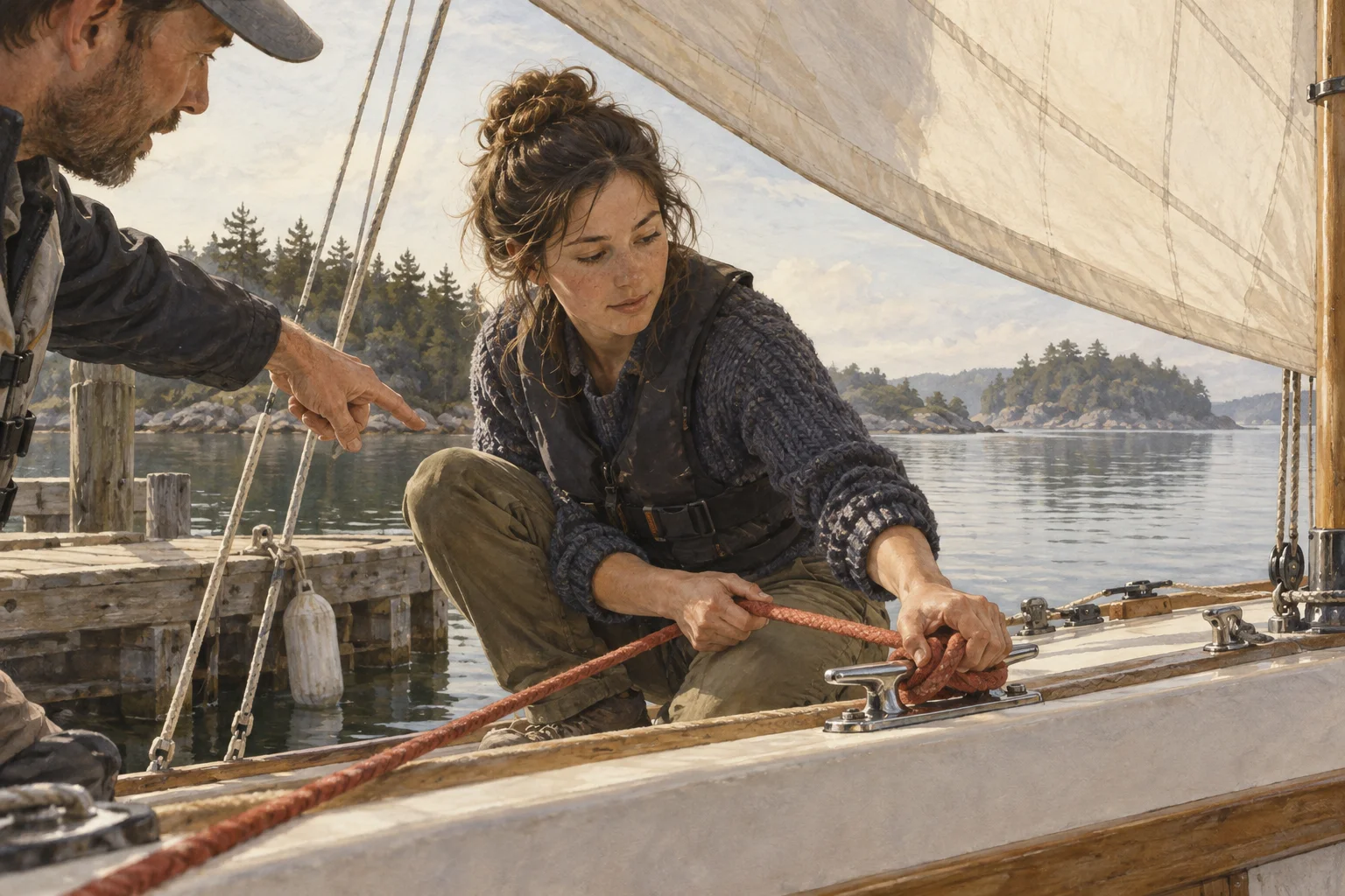 An instructor points to a rope as a learner makes a specific adjustment on a dockside sailboat.