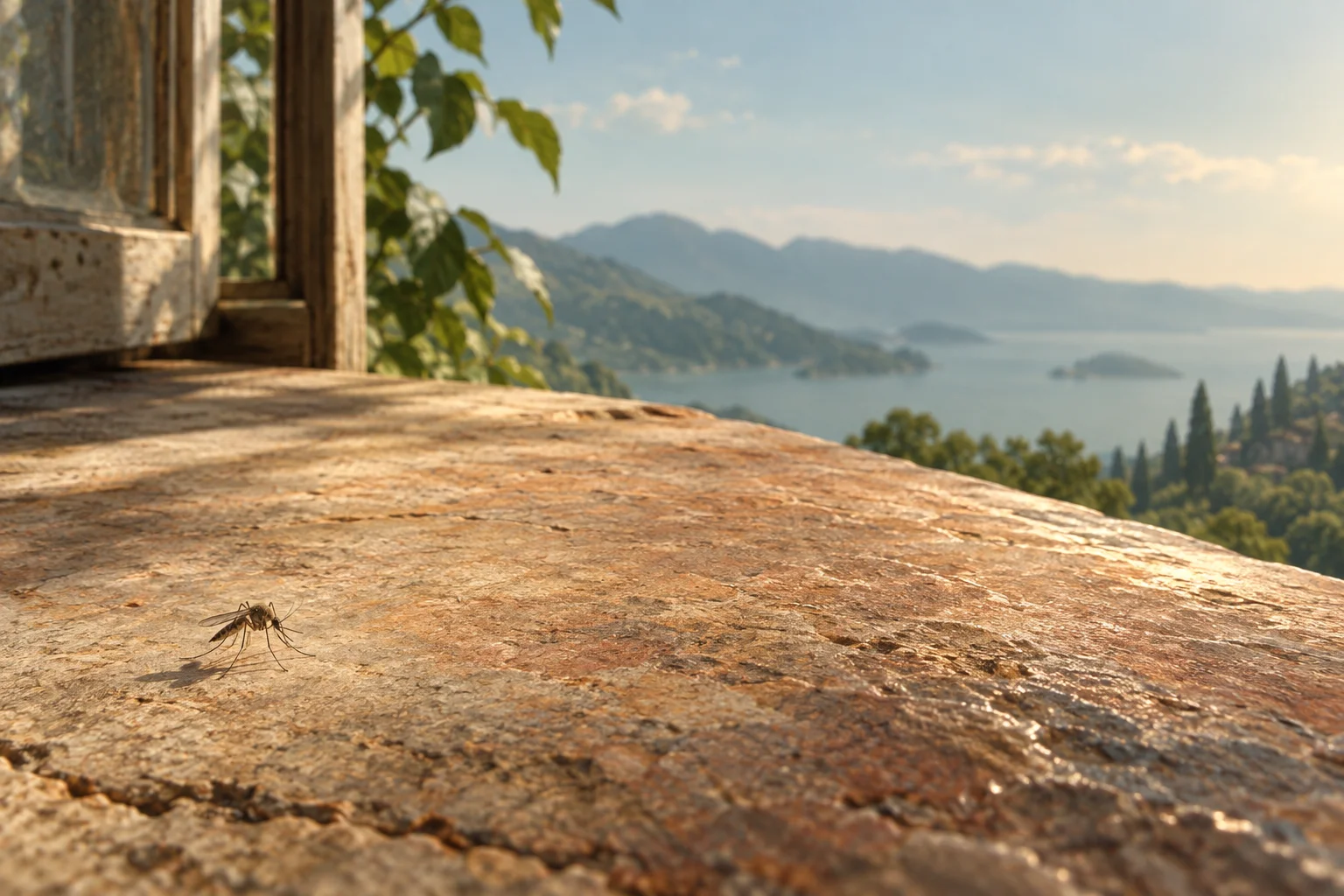 A tiny mosquito rests on a sun-warmed stone with open air beyond it.