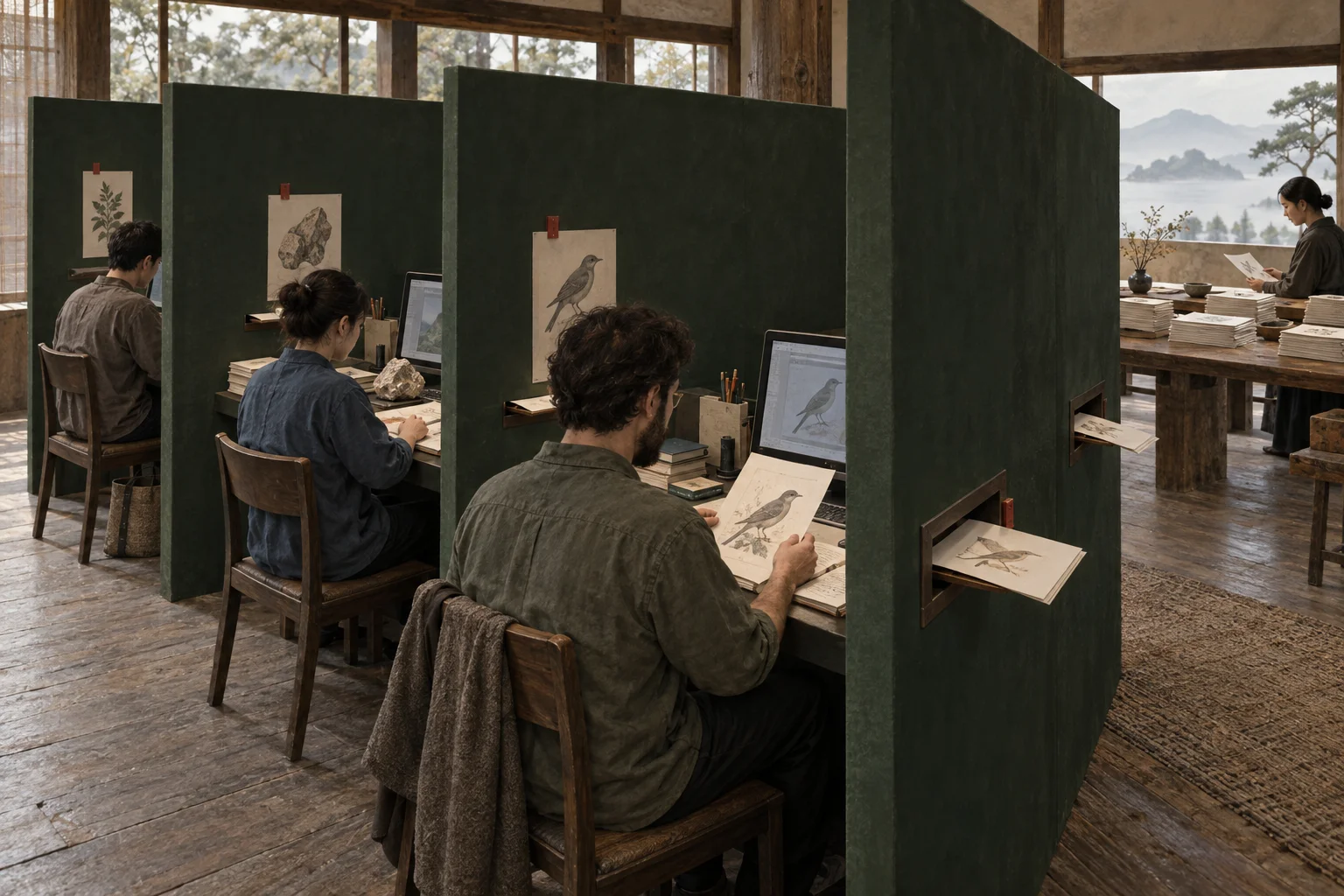 Separate computer-equipped reading bays pass finished sheets through narrow slots into a shared review area.