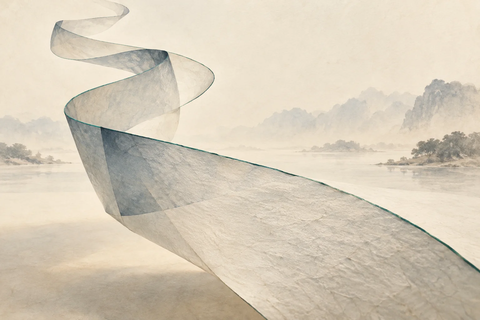A translucent sheet curls into an open spiral, its continuous colored edge remaining traceable through the folds.