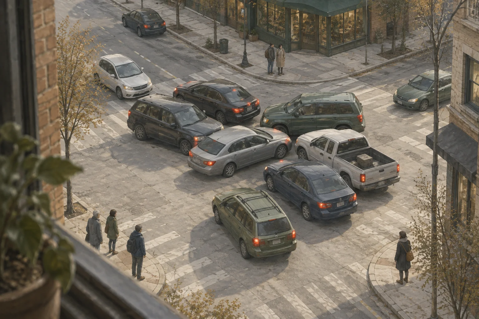Cars entering a city intersection from different directions block one another despite open road beyond the crossing.