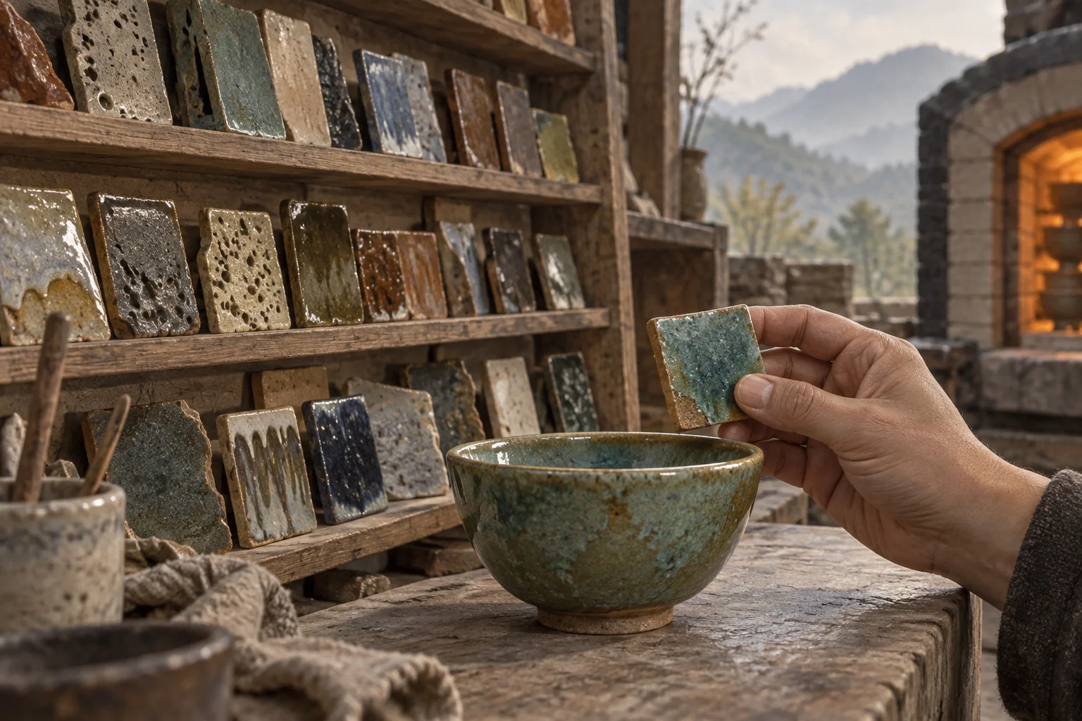 A ceramicist holds a retained glaze sample beside a new bowl, with successful and failed tests kept in a nearby rack.
