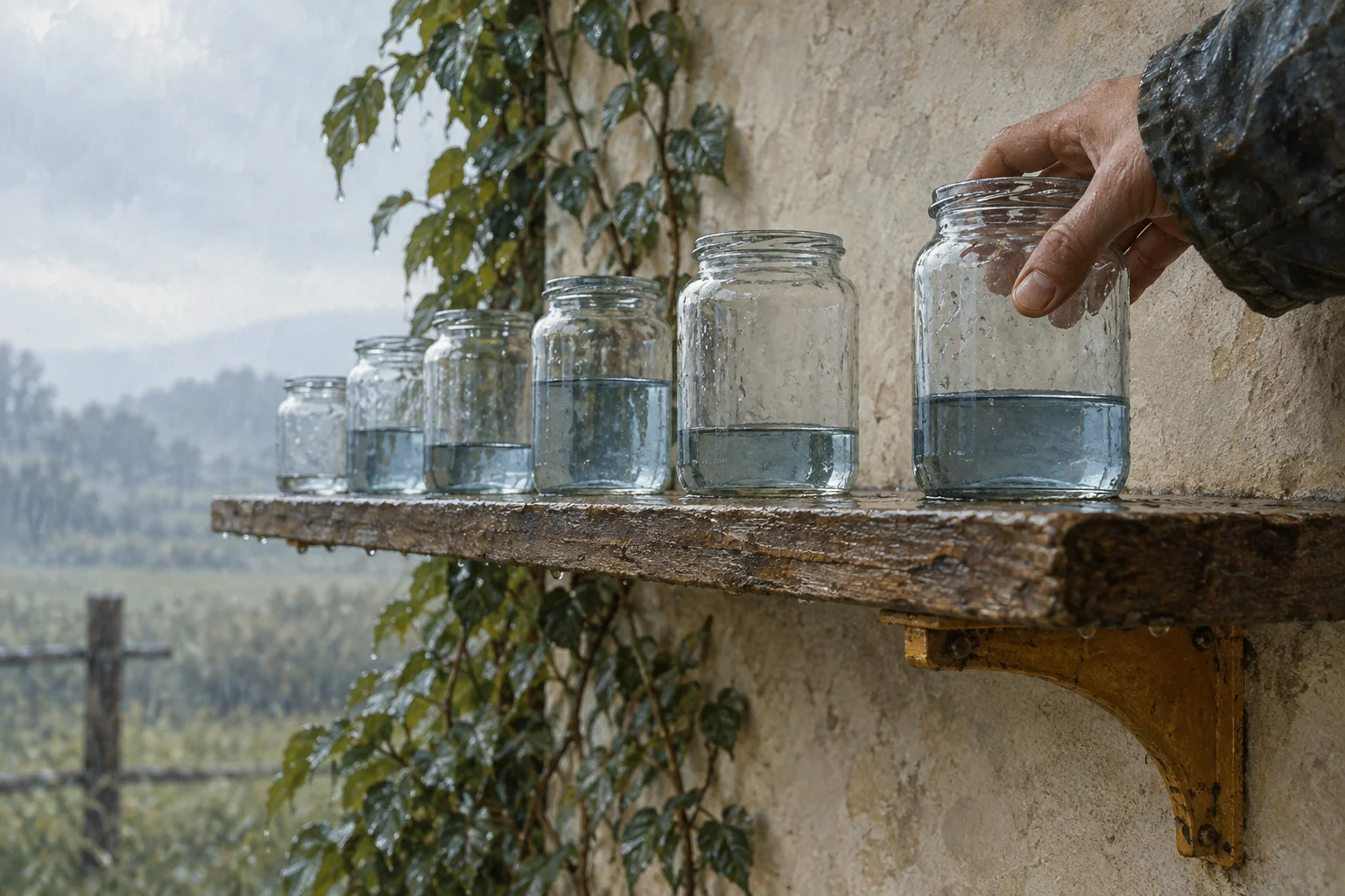 A hand adds another rain sample to a shelf of glass vessels with varied water levels.